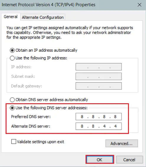 在 ipv4 屬性中使用首選 dns。 修復 Teamviewer 未準備好檢查您的連接