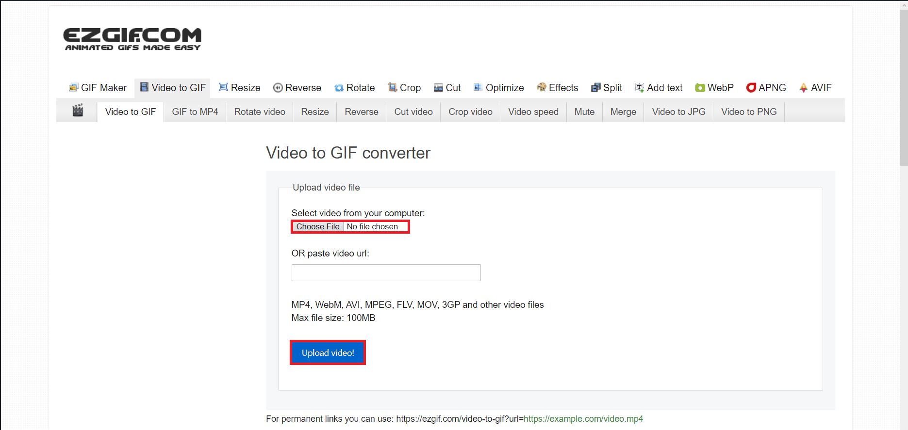 在視頻到 GIF 在線轉換器中選擇選擇文件按鈕