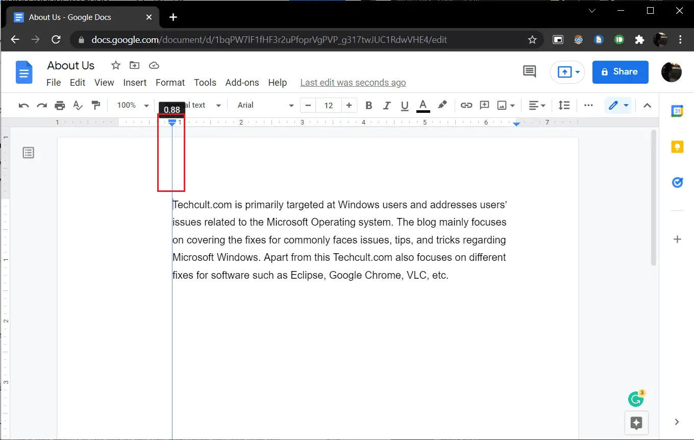 單擊向下的藍色箭頭並將其拖動到谷歌文檔中。 如何在 Word 和 Google Docs 中創建懸掛縮進