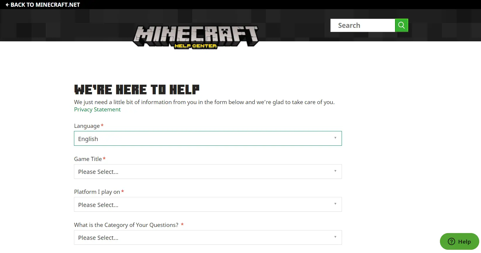 Minecraft 幫助支持頁面