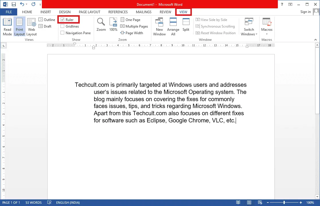 檢查 Microsoft Word 中打印佈局菜單中的標尺選項。 如何在 Word 和 Google Docs 中創建懸掛縮進