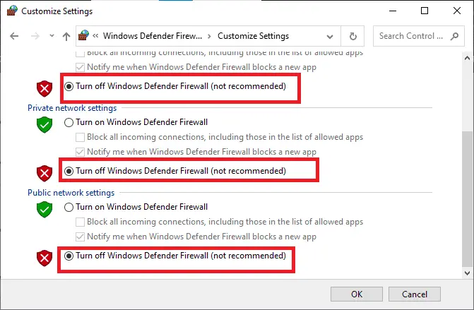 選中關閉 Windows Defender 防火牆複選框。 修復 Windows 10 中的 Minecraft（我的世界）登錄錯誤