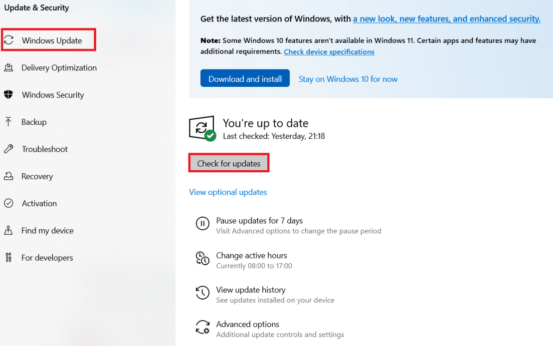 單擊檢查更新按鈕。 修復無法從 Microsoft Store 下載