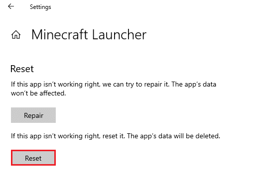 點擊重置。 修復 Windows 10 中的 Minecraft（我的世界）登錄錯誤