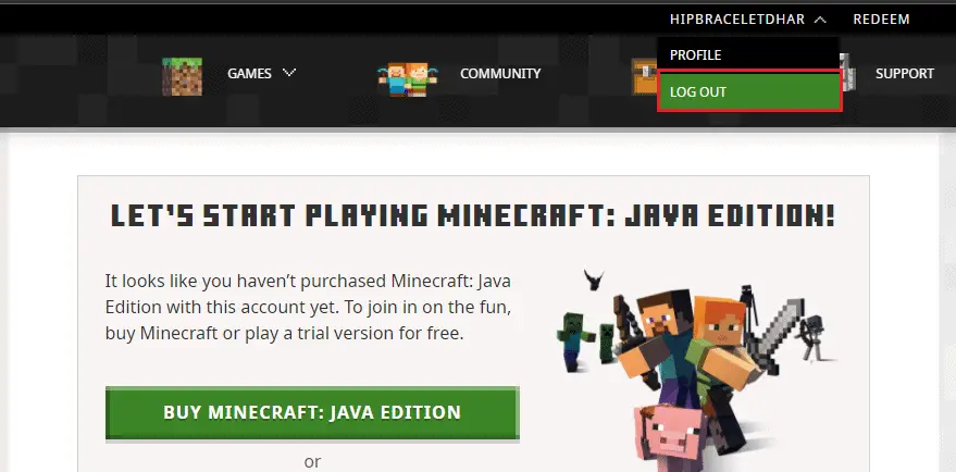 首先，在您的 Minecraft 帳戶中單擊 LOG OUT。 修復 Windows 10 中的 Minecraft（我的世界）登錄錯誤