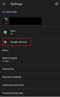 android chrome 應用程序中的 Google 服務選項。