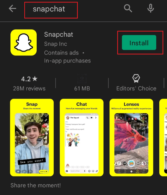 從 Play 商店安裝 Snapchat 應用程序 | 修復 Snapchat 不會加載故事