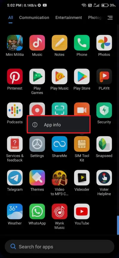 長按 Sim Tool kit 並點擊 App info。 修復不幸的是進程 com.android.phone 已停止