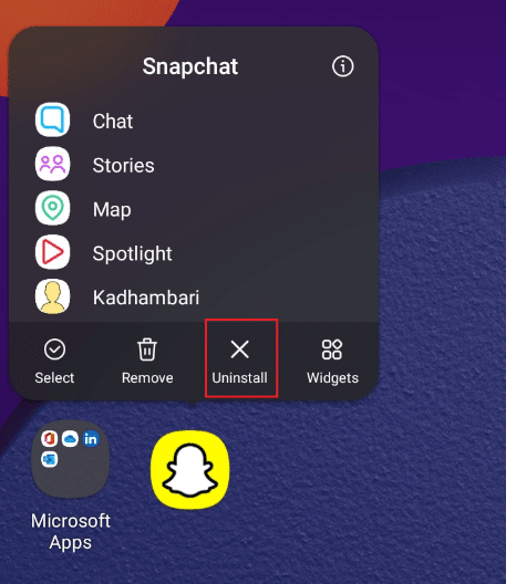 長按 Snapchat 應用程序並點擊卸載選項以刪除應用程序