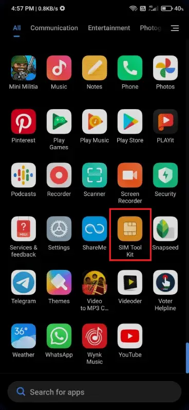 在您的 Android 手機中導航到 Sim Tool Kit。 修復不幸的是進程 com.android.phone 已停止