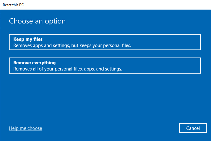 現在，從“重置此 PC”窗口中選擇一個選項。 修復 Windows 更新下載 0x800f0984 2H1 錯誤