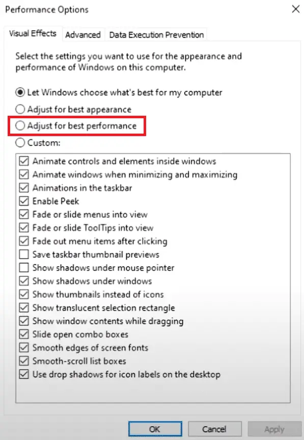 性能選項窗口。 如何修復在 Windows 10 上全屏顯示的任務欄