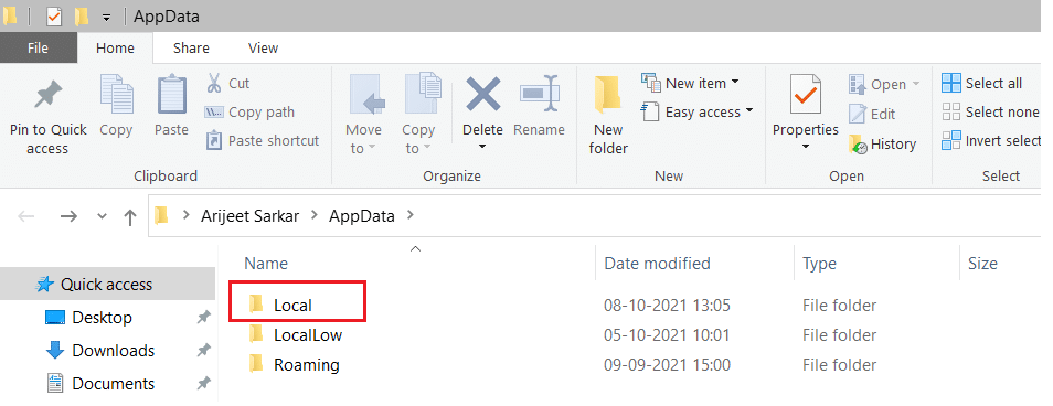 選擇 Windows appdata 文件夾中的本地文件夾。