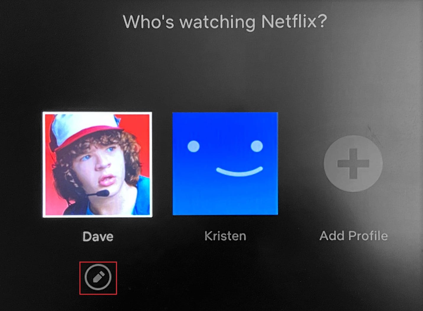 在電視中選擇特定 Netflix 個人資料的鉛筆圖標