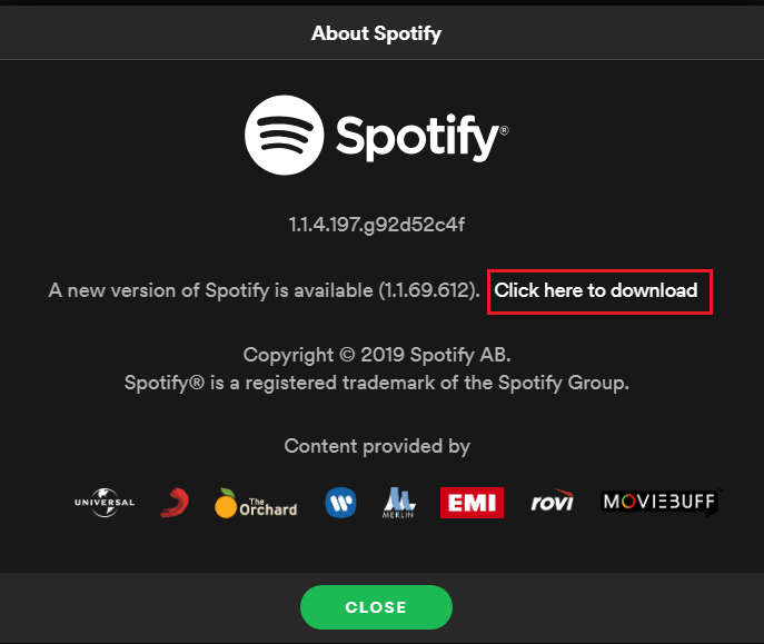 Spotify 關於彈出窗口，選擇單擊此處下載最新更新。 修復 Spotify 無法在 Windows 10 上打開