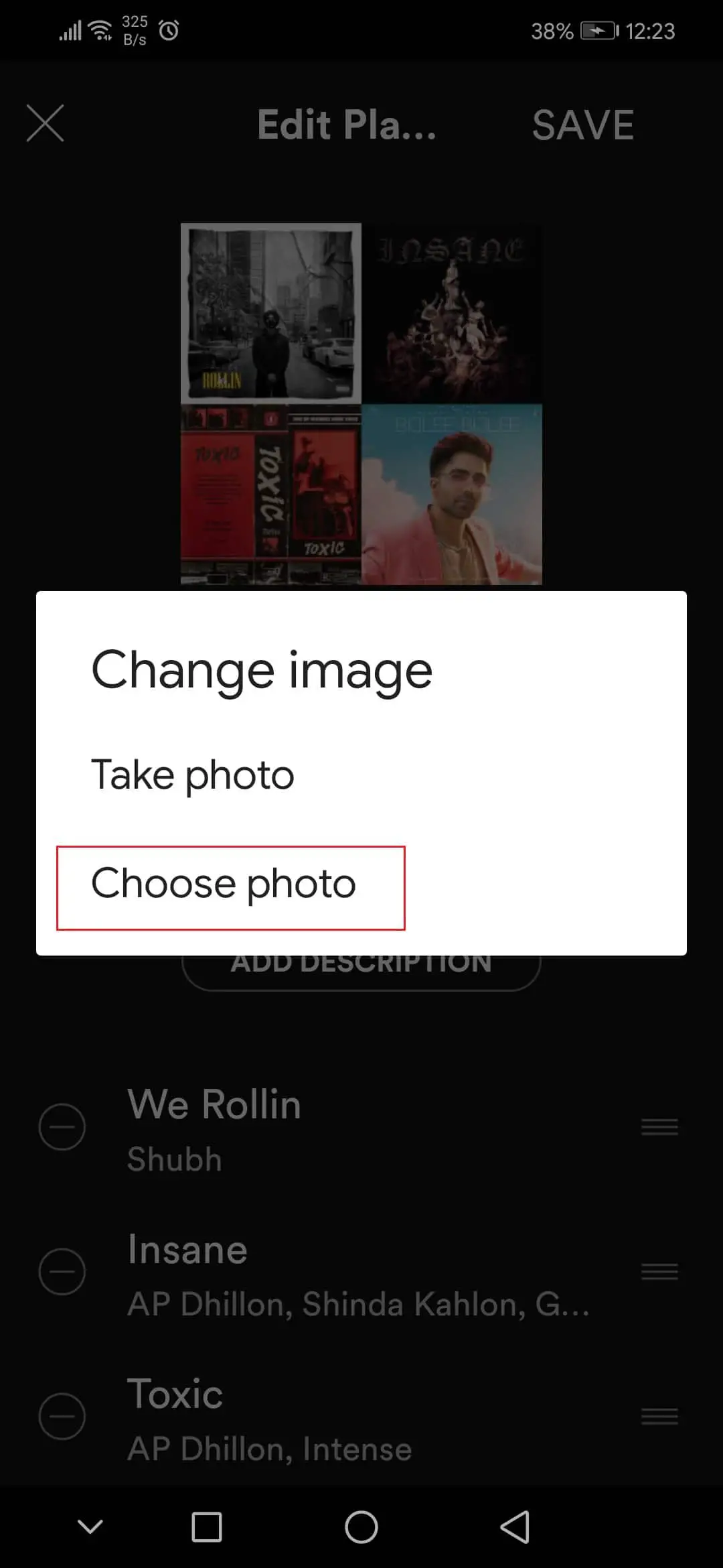 點擊選擇照片以更改 spotify 播放列表的圖像 Honor Play Android