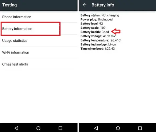 測試菜單和電池信息。 如何在 Android 上檢查電池健康狀況