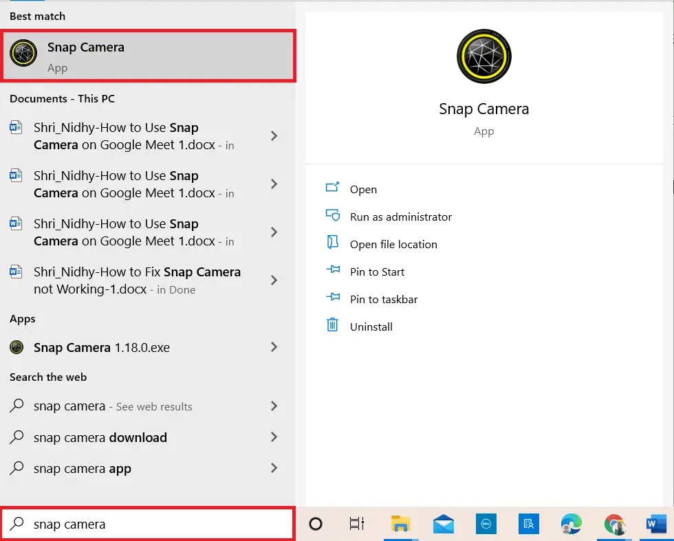 在 Windows 搜索欄中輸入 Snap Camera 並在您的 PC 上啟動該應用程序