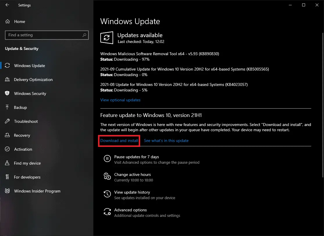 設置中的 Windows 更新選項。