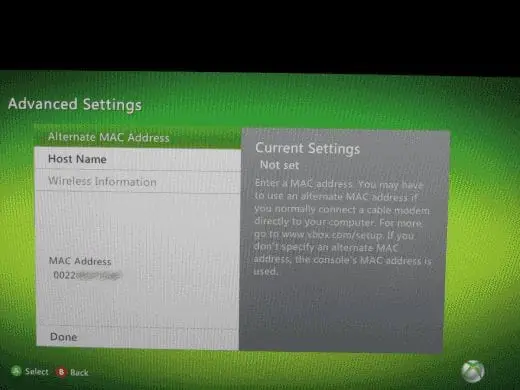 Xbox 360 MAC 地址屏幕
