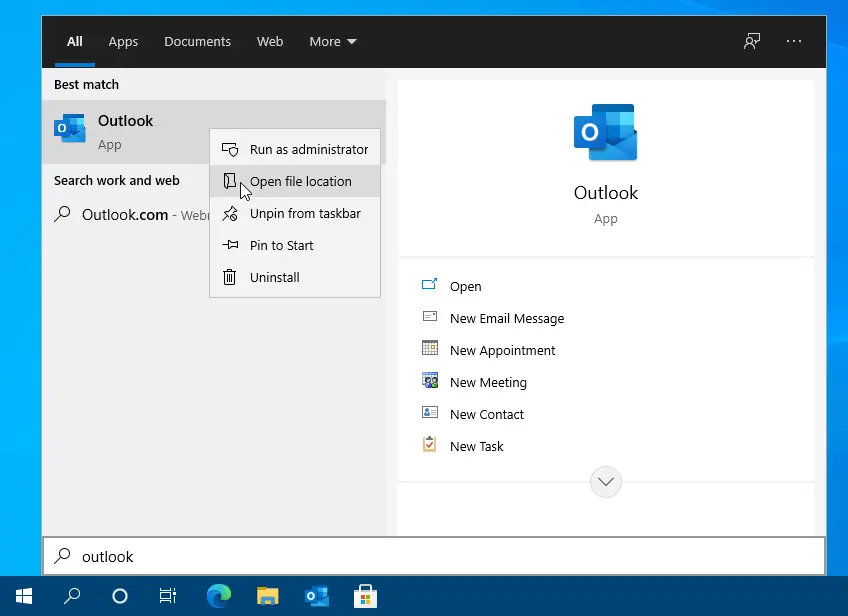 Windows 10 中的 Outlook 開始菜單搜索結果 - 打開文件位置
