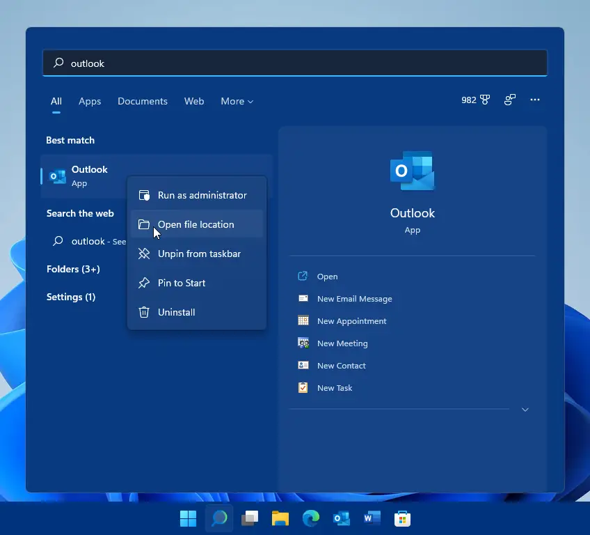 Windows 11 中的 Outlook 開始菜單搜索結果 - 打開文件位置